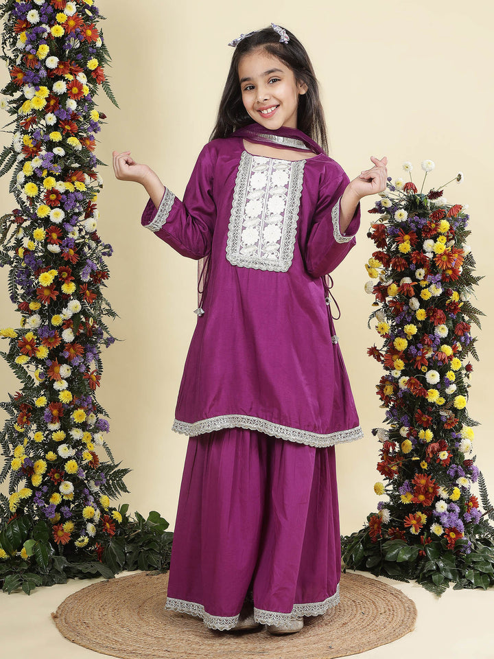 Purple Floral Embroidered Semi-Silk Kurta with Cotton Sharara and Dupatta Set | SHOBITAM