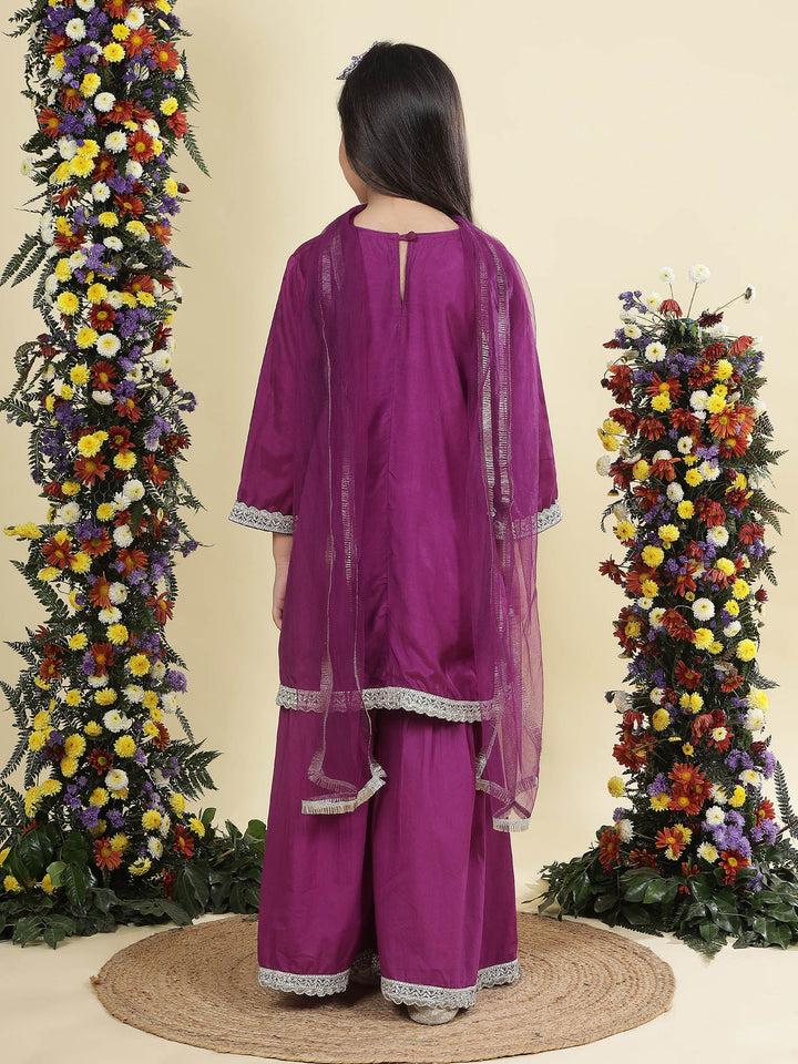 Purple Floral Embroidered Semi-Silk Kurta with Cotton Sharara and Dupatta Set | SHOBITAM