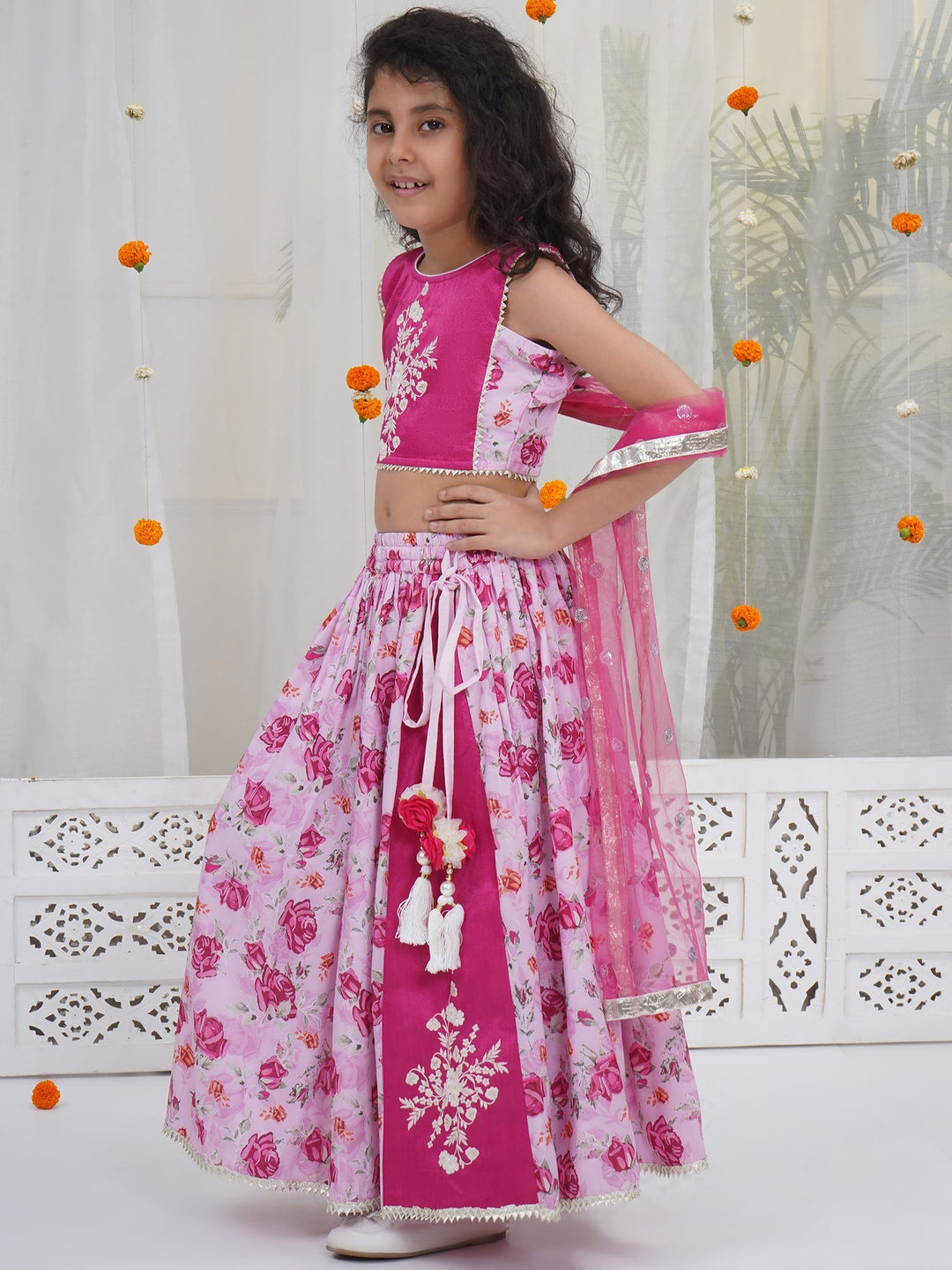 Girls Magenta Rose Bloom Embroidered Lehenga Choli Set | SHOBITAM