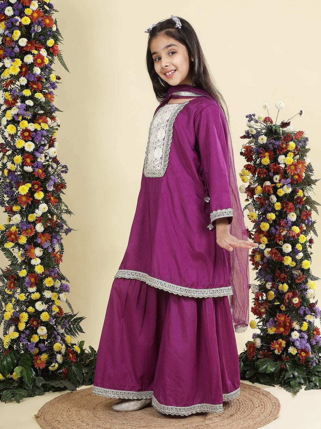 Purple Floral Embroidered Semi-Silk Kurta with Cotton Sharara and Dupatta Set | SHOBITAM
