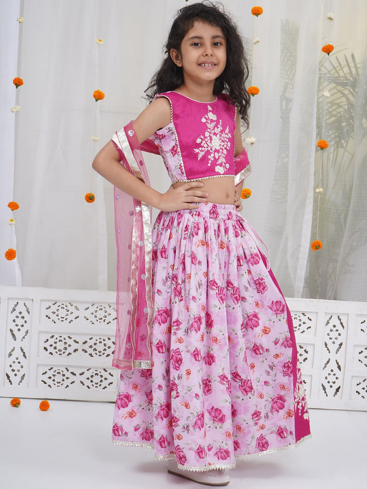 Girls Magenta Rose Bloom Embroidered Lehenga Choli Set | SHOBITAM