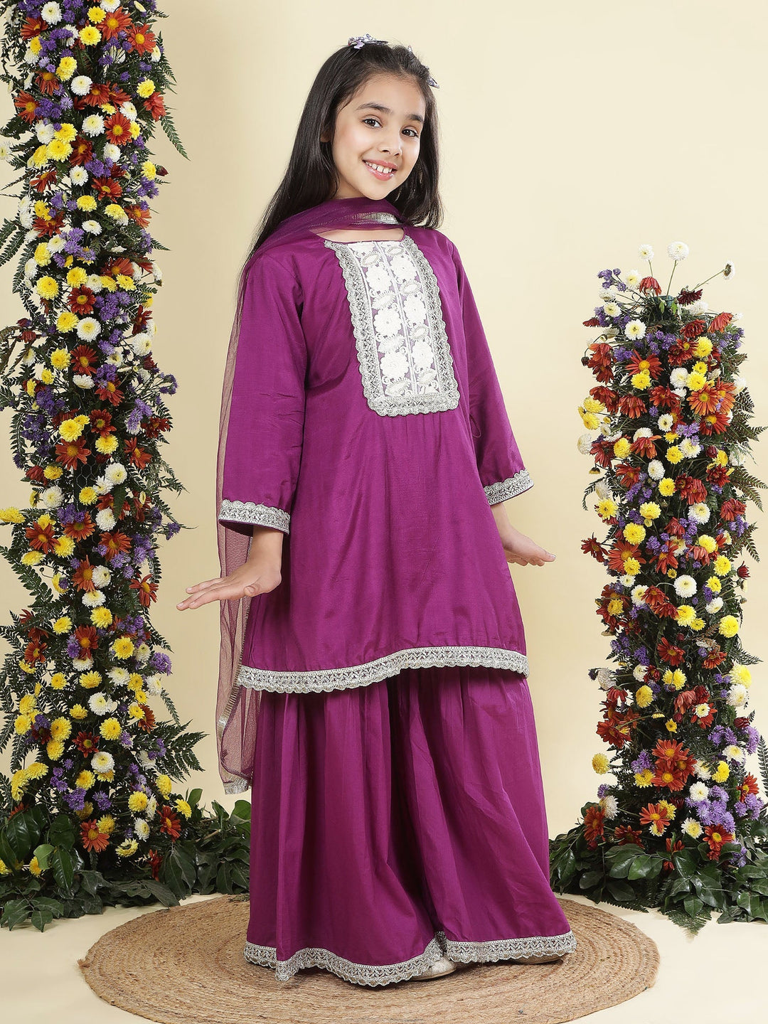 Purple Floral Embroidered Semi-Silk Kurta with Cotton Sharara and Dupatta Set | SHOBITAM