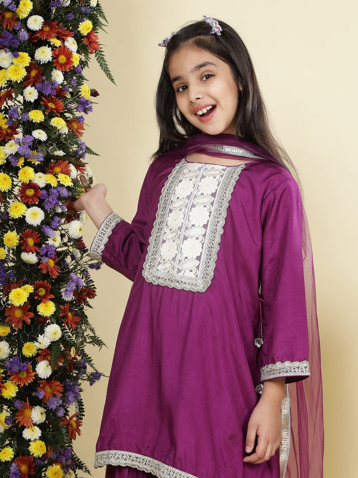 Purple Floral Embroidered Semi-Silk Kurta with Cotton Sharara and Dupatta Set | SHOBITAM