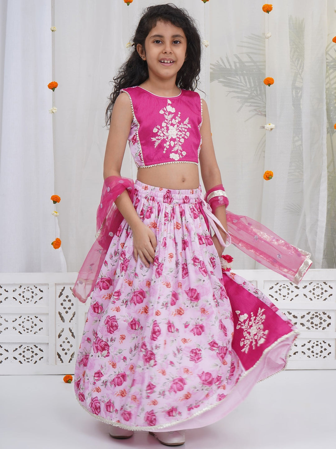 Girls Magenta Rose Bloom Embroidered Lehenga Choli Set | SHOBITAM