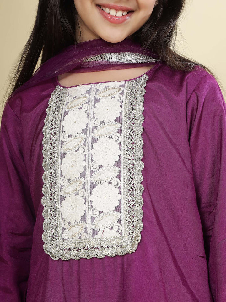 Purple Floral Embroidered Semi-Silk Kurta with Cotton Sharara and Dupatta Set | SHOBITAM