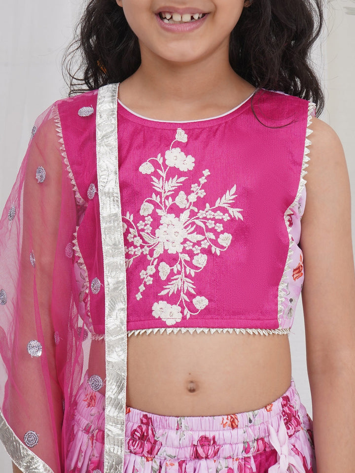 Girls Magenta Rose Bloom Embroidered Lehenga Choli Set | SHOBITAM