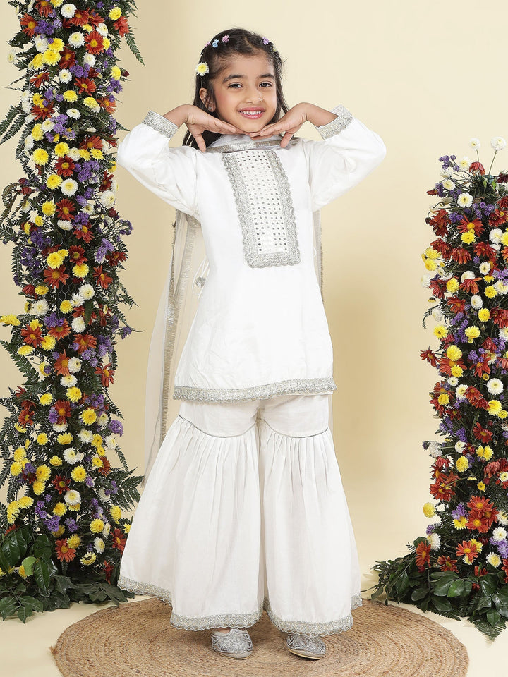 Cream Mirror Embroidered Semi-Silk Kurta with Cotton Sharara and Dupatta Set | SHOBITAM