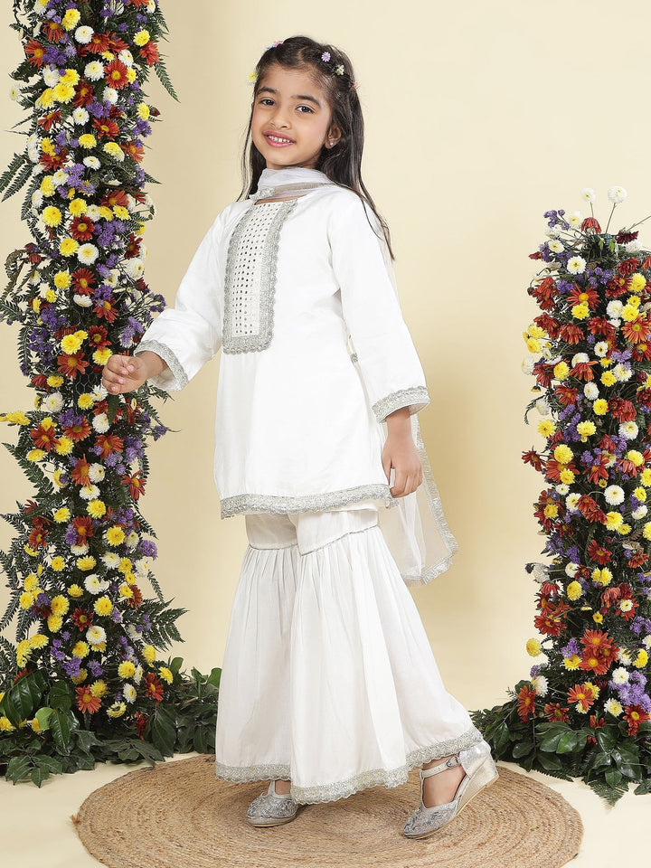 Cream Mirror Embroidered Semi-Silk Kurta with Cotton Sharara and Dupatta Set | SHOBITAM