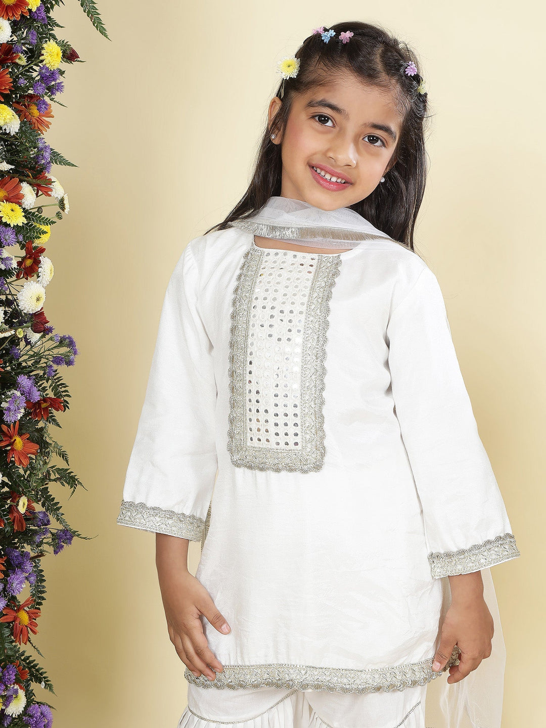 Cream Mirror Embroidered Semi-Silk Kurta with Cotton Sharara and Dupatta Set | SHOBITAM