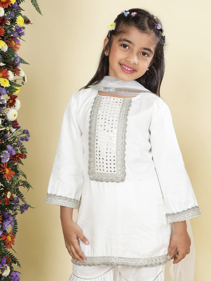 Cream Mirror Embroidered Semi-Silk Kurta with Cotton Sharara and Dupatta Set | SHOBITAM