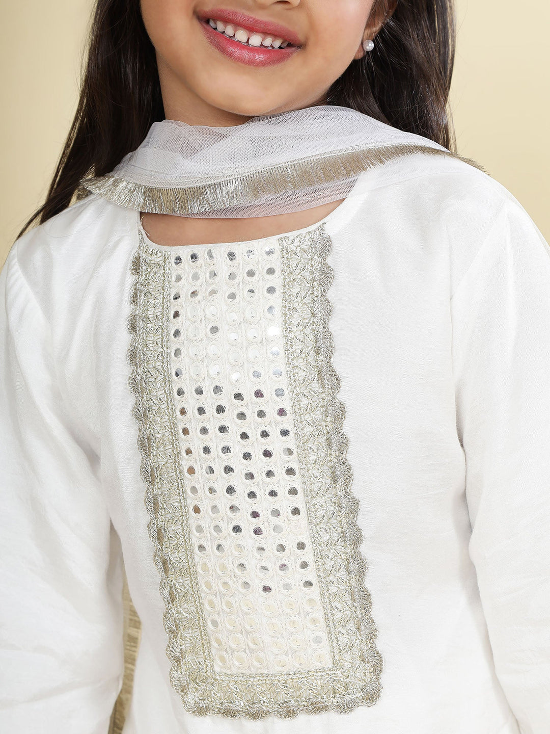Cream Mirror Embroidered Semi-Silk Kurta with Cotton Sharara and Dupatta Set | SHOBITAM