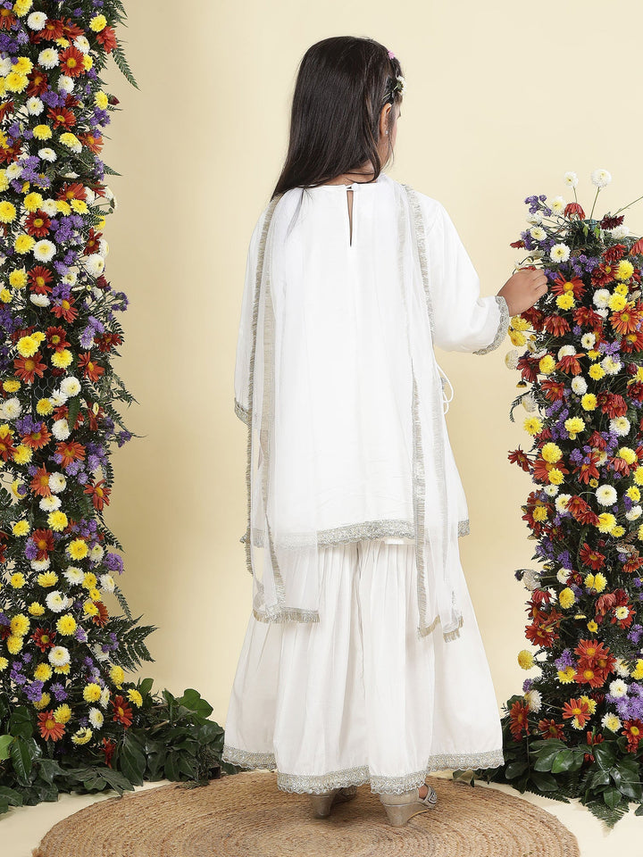 Cream Mirror Embroidered Semi-Silk Kurta with Cotton Sharara and Dupatta Set | SHOBITAM