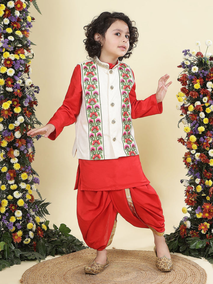 Floral Embroidery Mulberry Nehru Jacket with Red Cotton Kurta Dhoti Set | SHOBITAM