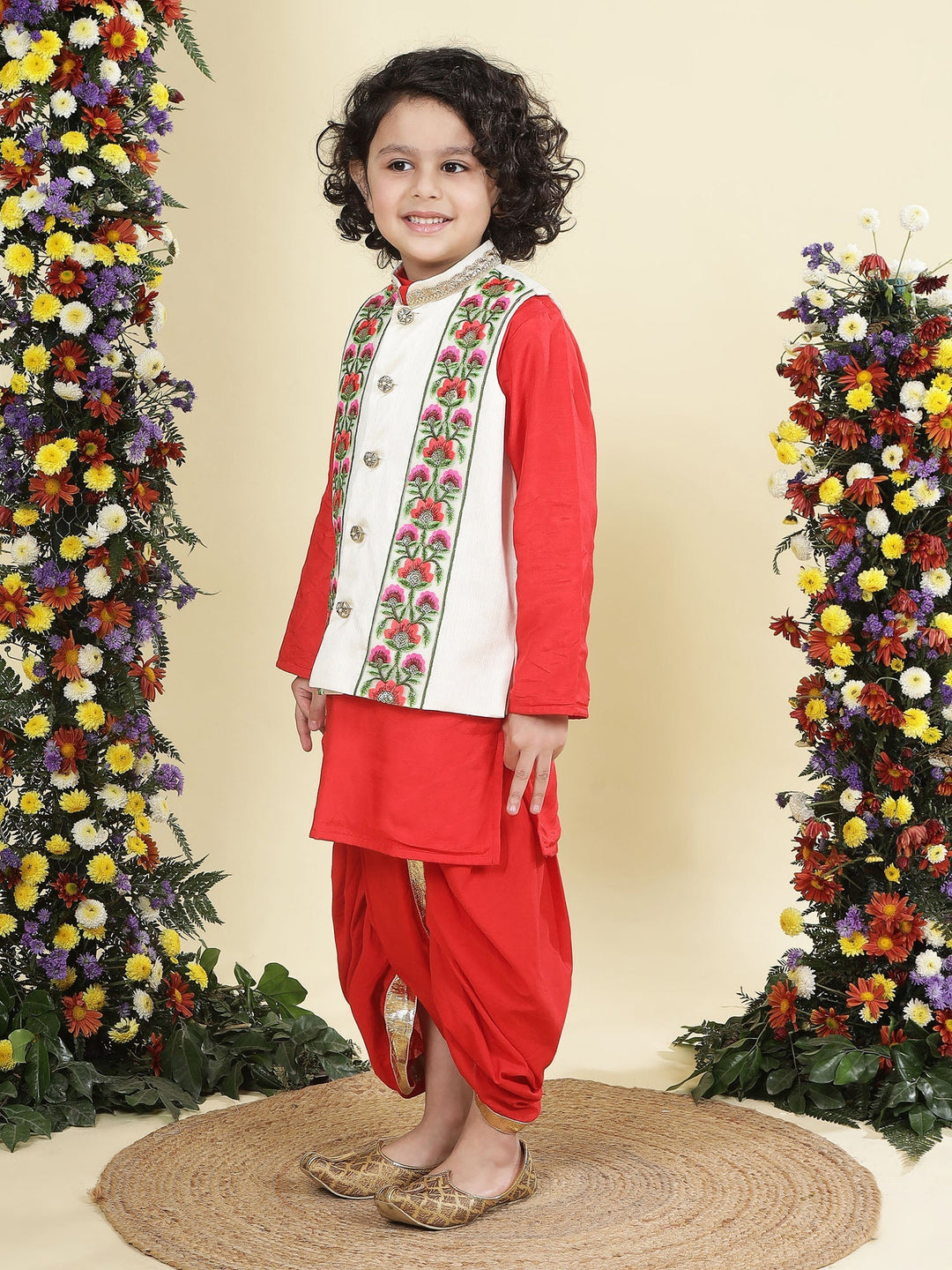 Floral Embroidery Mulberry Nehru Jacket with Red Cotton Kurta Dhoti Set | SHOBITAM