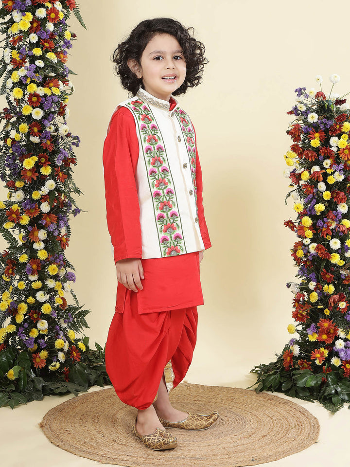 Floral Embroidery Mulberry Nehru Jacket with Red Cotton Kurta Dhoti Set | SHOBITAM