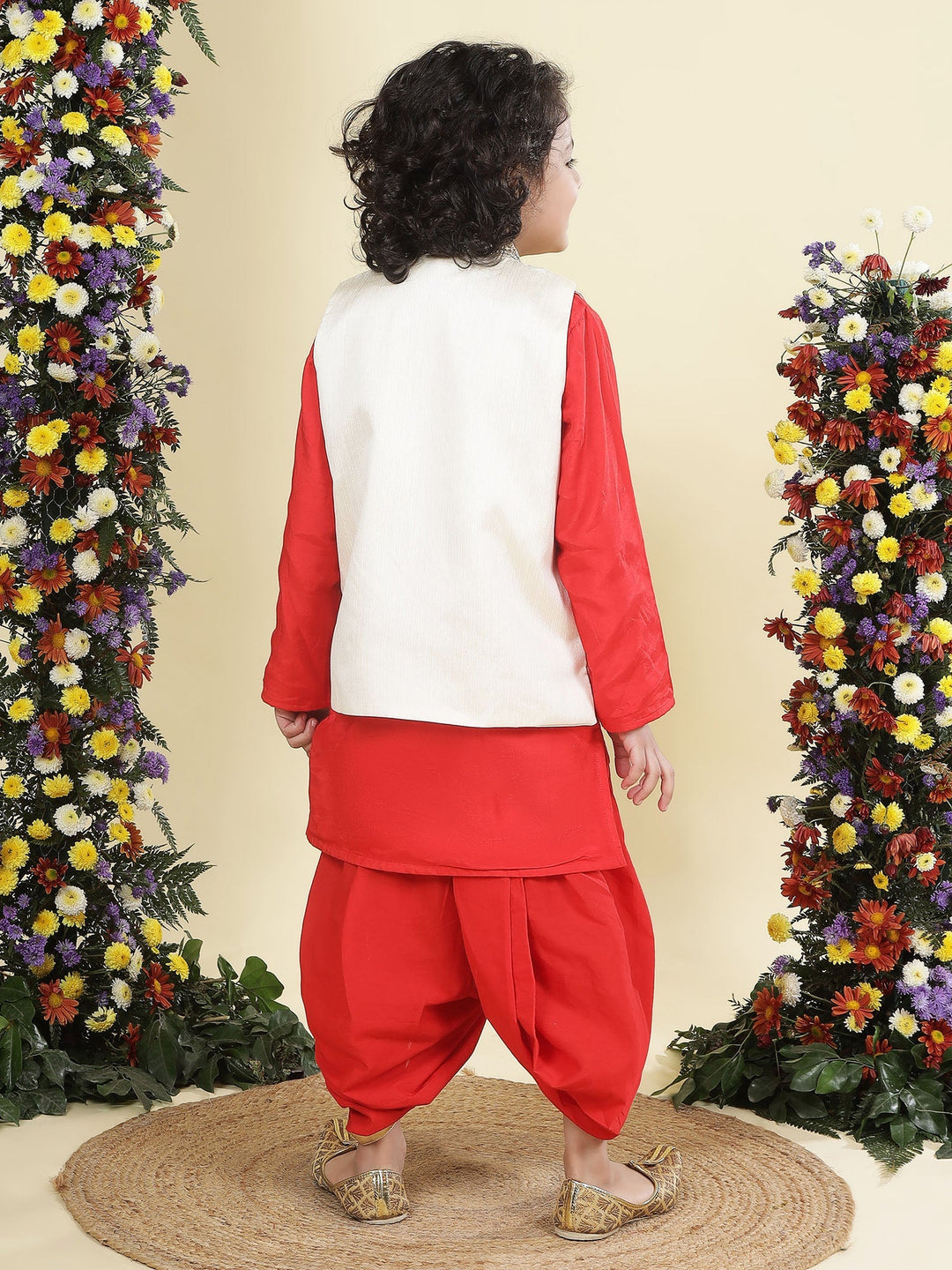 Floral Embroidery Mulberry Nehru Jacket with Red Cotton Kurta Dhoti Set | SHOBITAM