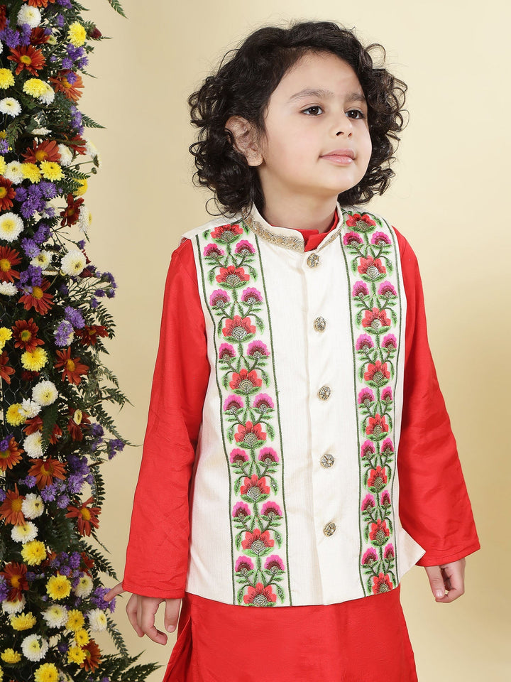 Floral Embroidery Mulberry Nehru Jacket with Red Cotton Kurta Dhoti Set | SHOBITAM