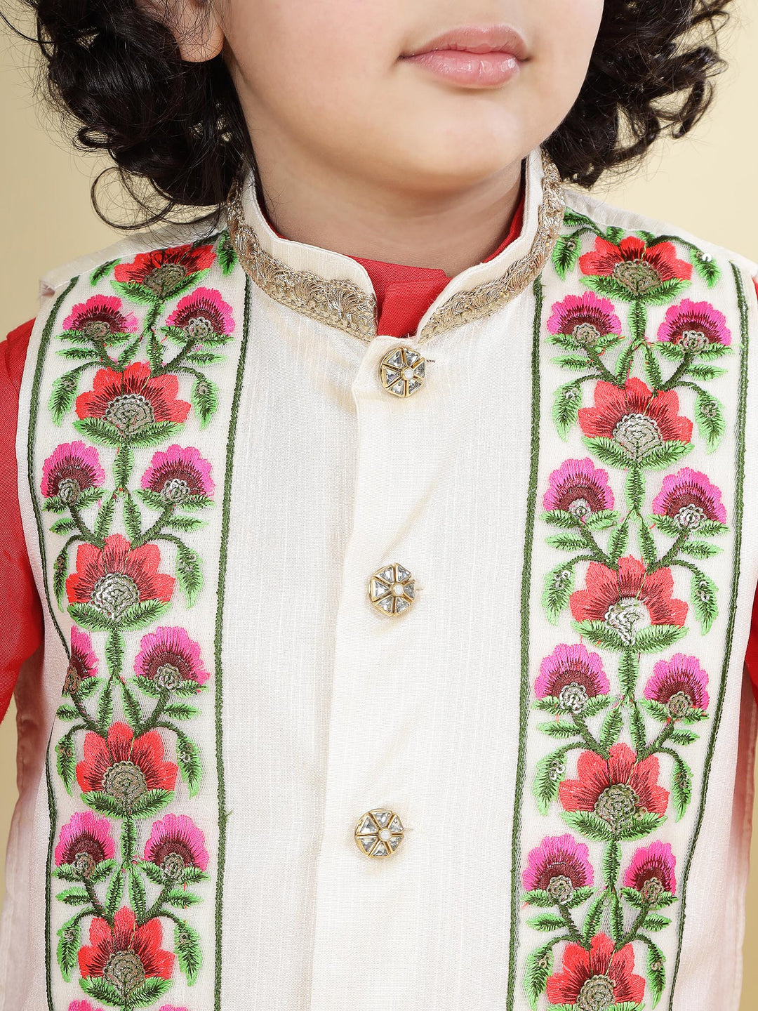 Floral Embroidery Mulberry Nehru Jacket with Red Cotton Kurta Dhoti Set | SHOBITAM