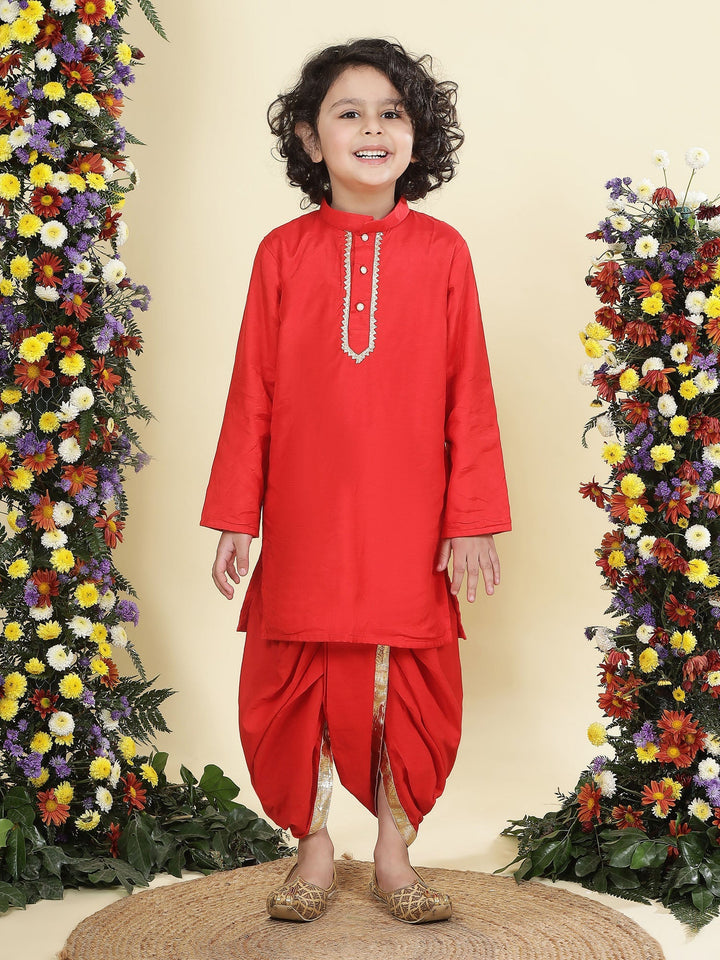 Red Solid Cotton Kurta Dhoti Set | SHOBITAM