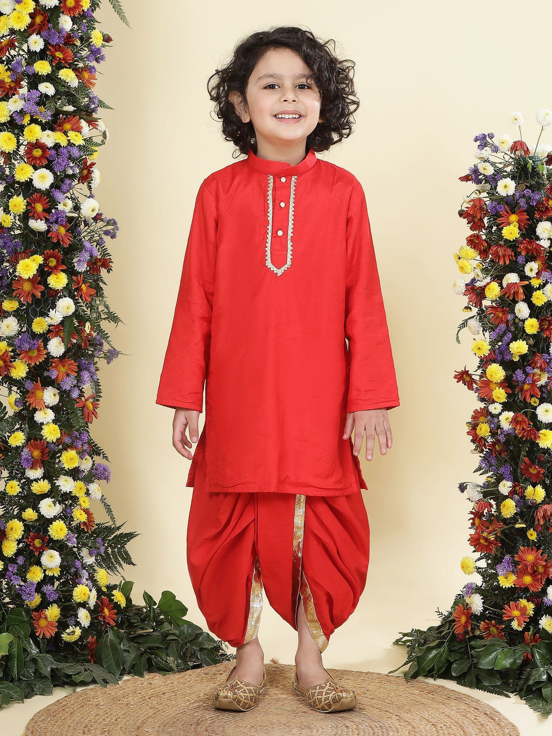 Red Solid Cotton Kurta Dhoti Set | SHOBITAM