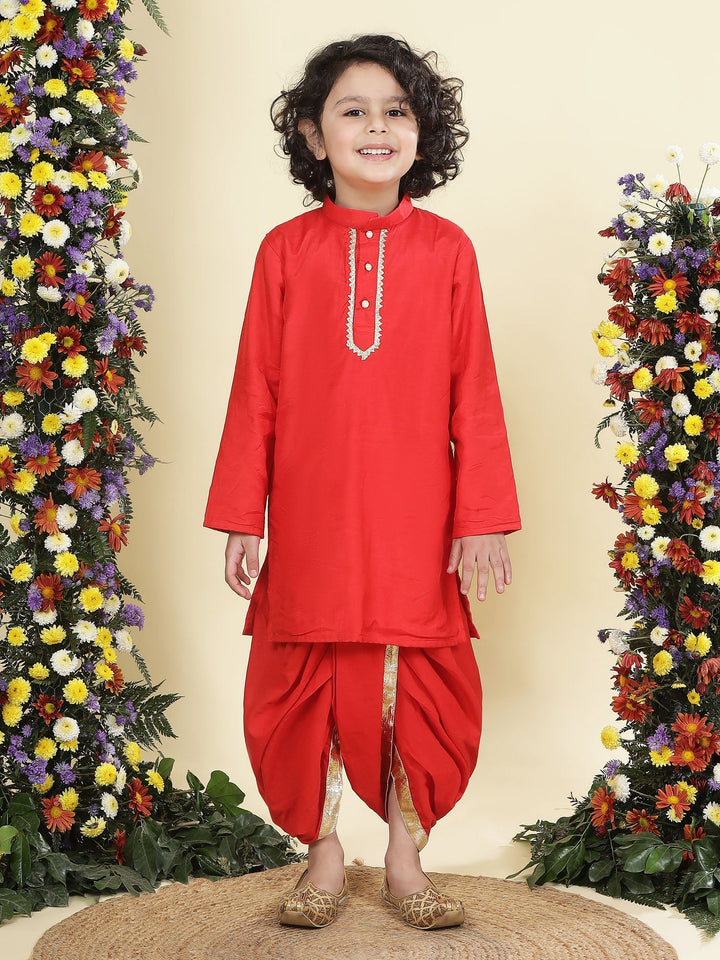 Red Solid Cotton Kurta Dhoti Set | SHOBITAM