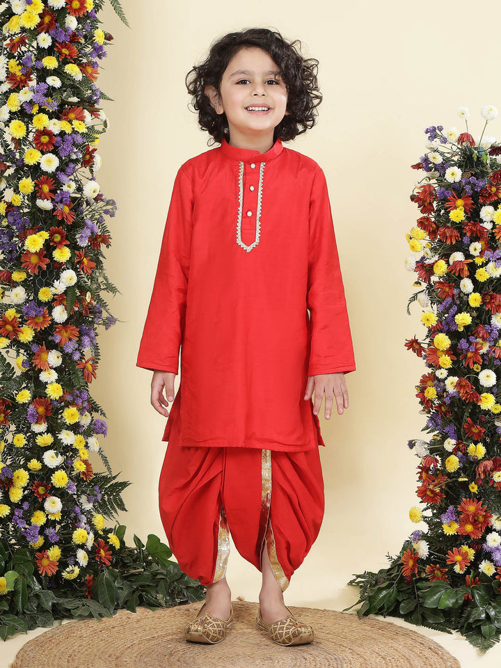 Floral Embroidery Mulberry Nehru Jacket with Red Cotton Kurta Dhoti Set | SHOBITAM