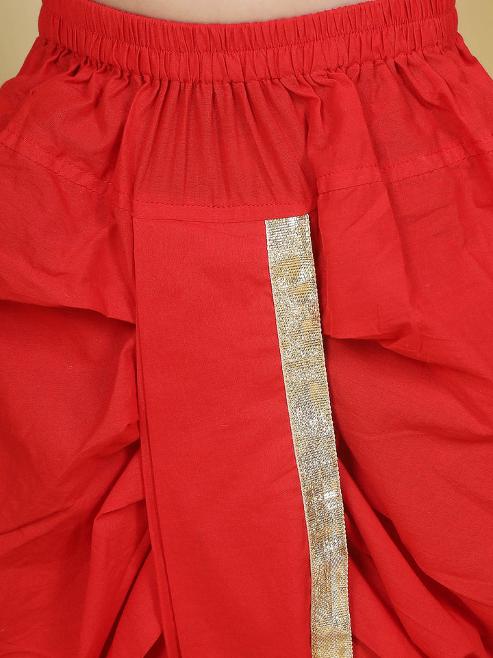 Floral Embroidery Mulberry Nehru Jacket with Red Cotton Kurta Dhoti Set | SHOBITAM