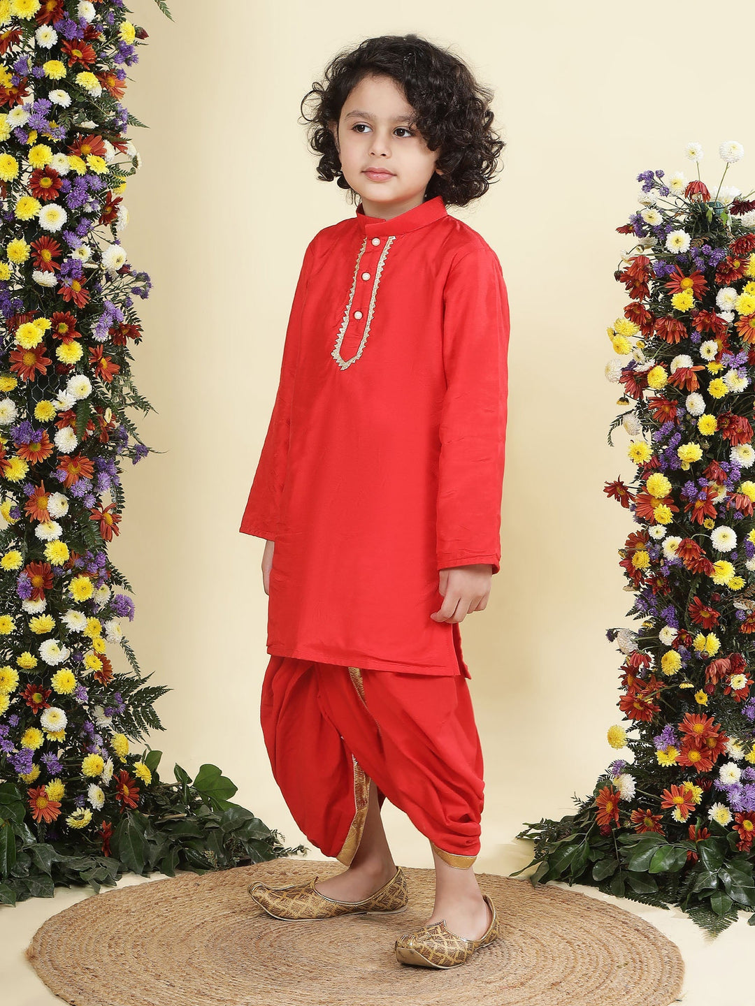 Red Solid Cotton Kurta Dhoti Set | SHOBITAM