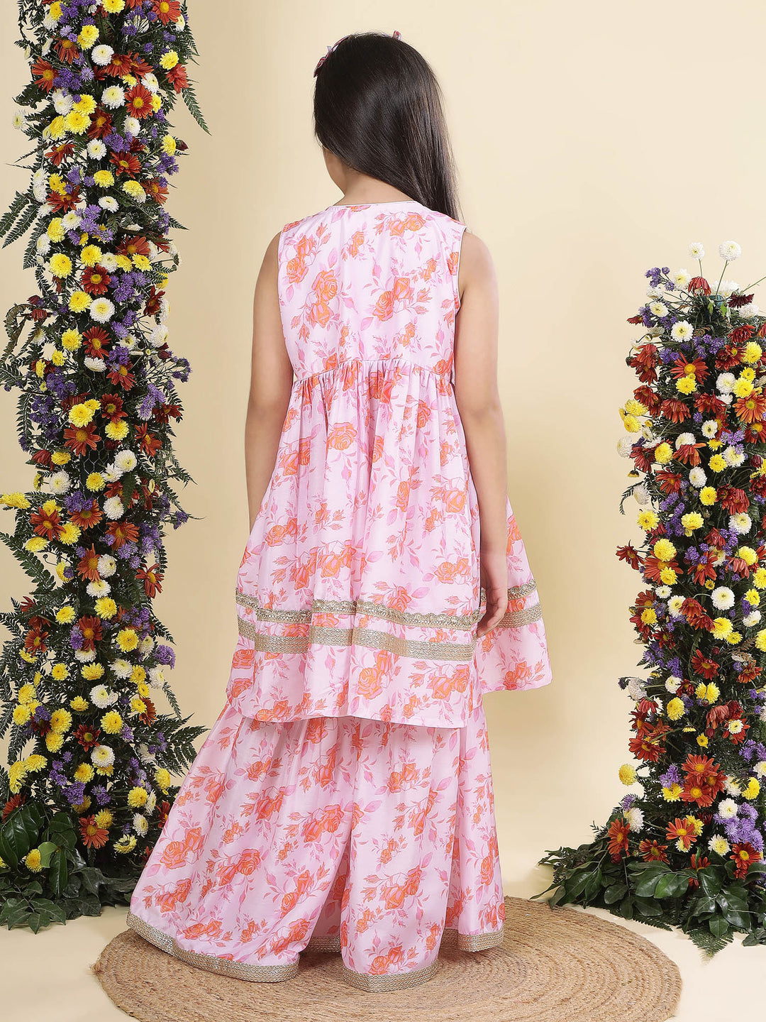 Baby Pink Rose Bloom Muslin Kurta with Sharara Set | SHOBITAM