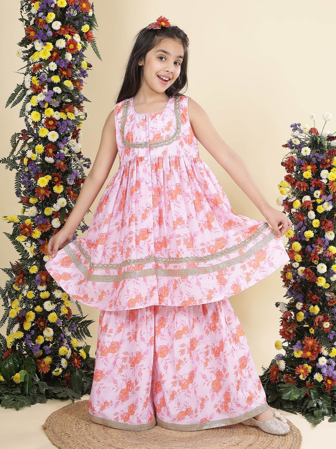 Baby Pink Rose Bloom Muslin Kurta with Sharara Set | SHOBITAM