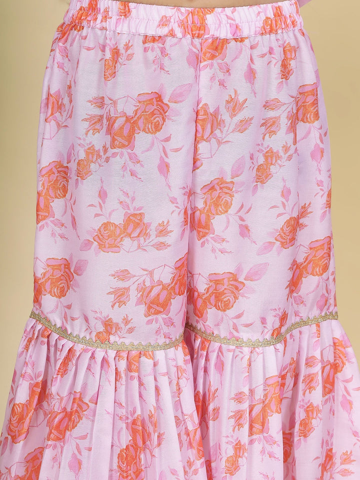 Baby Pink Rose Bloom Muslin Kurta with Sharara Set | SHOBITAM