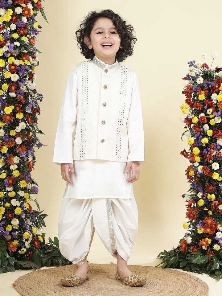 Mirror Embroidered Mulberry Nehru Jacket with Cream Cotton Kurta Dhoti Set | SHOBITAM