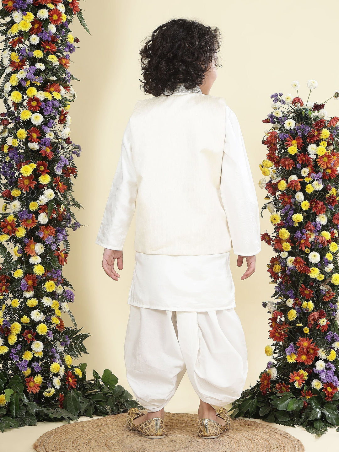 Mirror Embroidered Mulberry Nehru Jacket with Cream Cotton Kurta Dhoti Set | SHOBITAM
