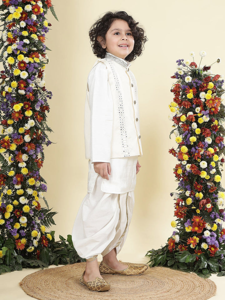 Mirror Embroidered Mulberry Nehru Jacket with Cream Cotton Kurta Dhoti Set | SHOBITAM