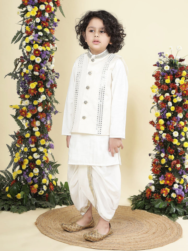 Mirror Embroidered Mulberry Nehru Jacket with Cream Cotton Kurta Dhoti Set | SHOBITAM