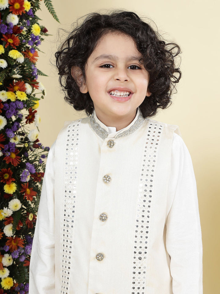 Mirror Embroidered Mulberry Nehru Jacket with Cream Cotton Kurta Dhoti Set | SHOBITAM
