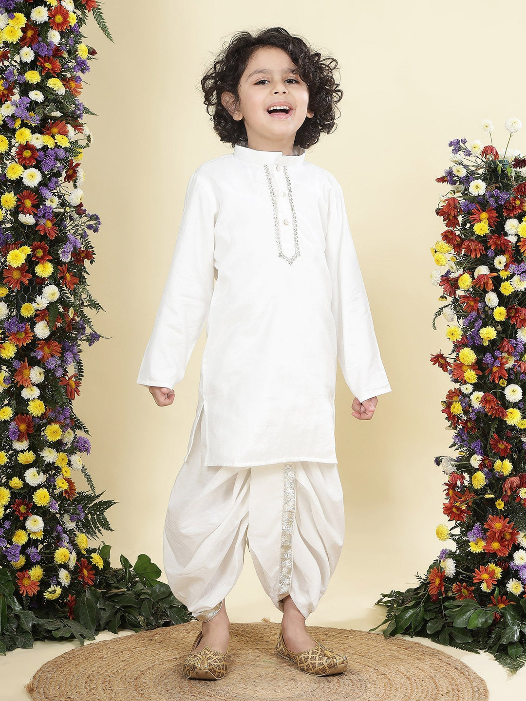Mirror Embroidered Mulberry Nehru Jacket with Cream Cotton Kurta Dhoti Set | SHOBITAM