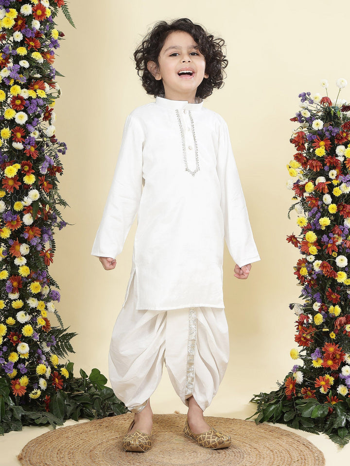 Mirror Embroidered Mulberry Nehru Jacket with Cream Cotton Kurta Dhoti Set | SHOBITAM