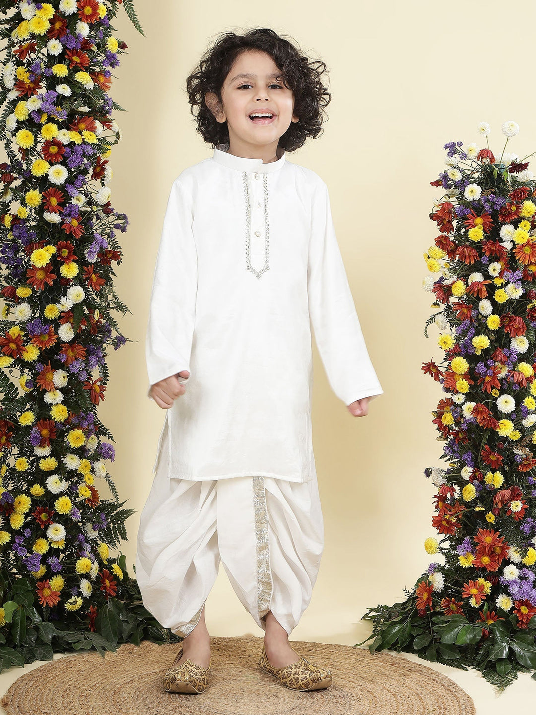White Solid Cotton Kurta Dhoti Set