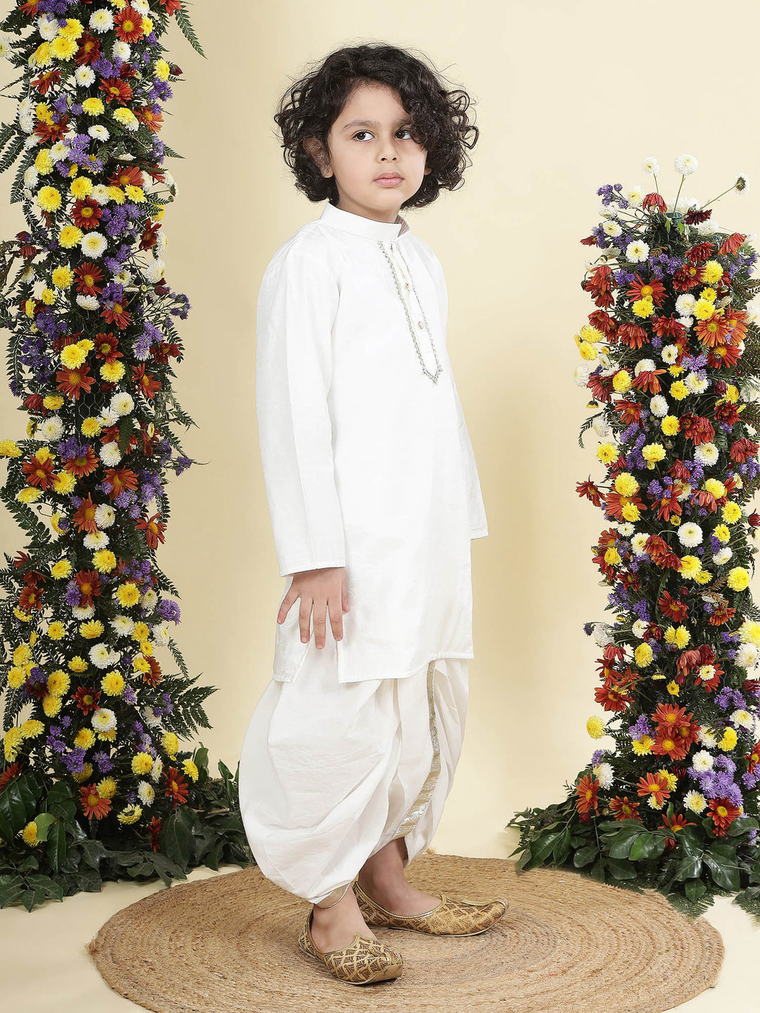 White Solid Cotton Kurta Dhoti Set