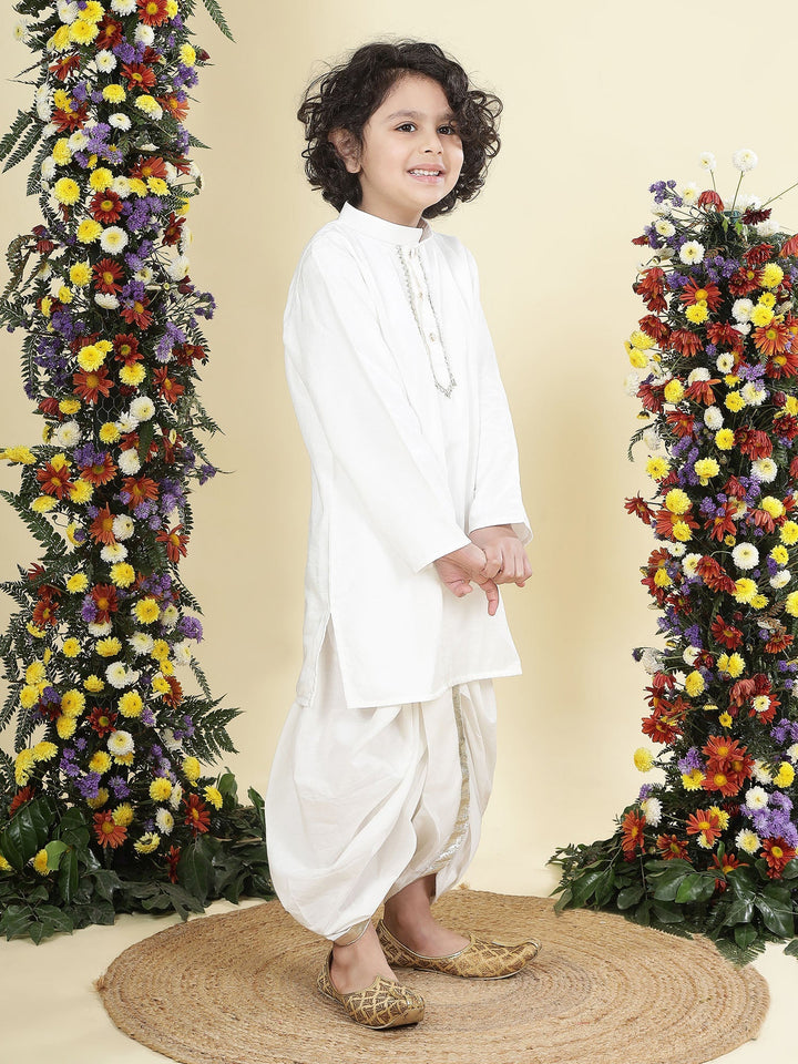 White Solid Cotton Kurta Dhoti Set