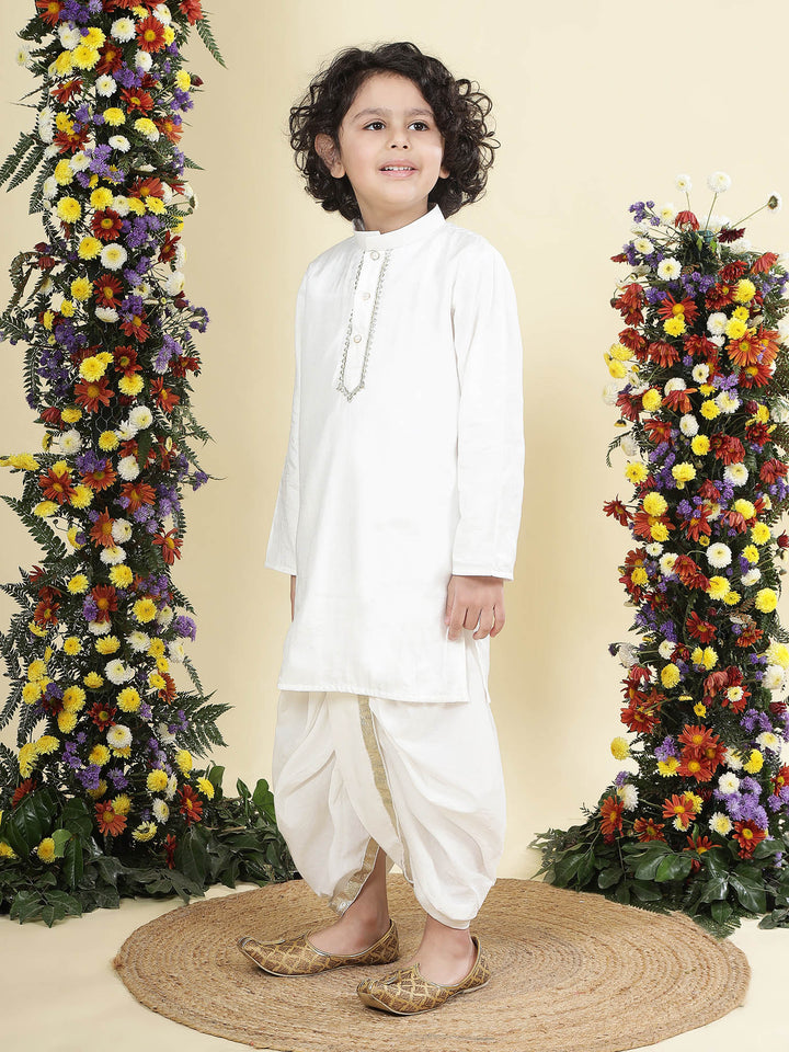 White Solid Cotton Kurta Dhoti Set