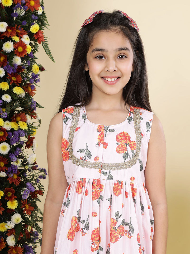 Baby Pink Muslin Marigold Bloom Kurta Sharara Set | SHOBITAM