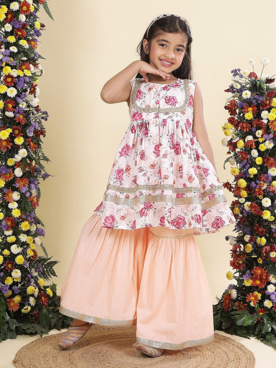 Peach Rose Muslin Kurta with Cotton Sharara | SHOBITAM