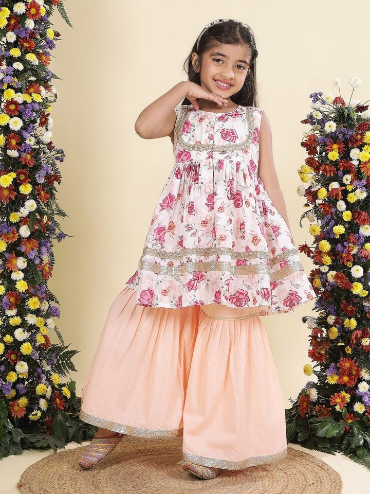 Peach Rose Muslin Kurta with Cotton Sharara | SHOBITAM