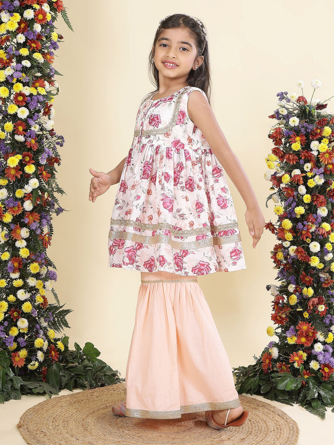 Peach Rose Muslin Kurta with Cotton Sharara | SHOBITAM