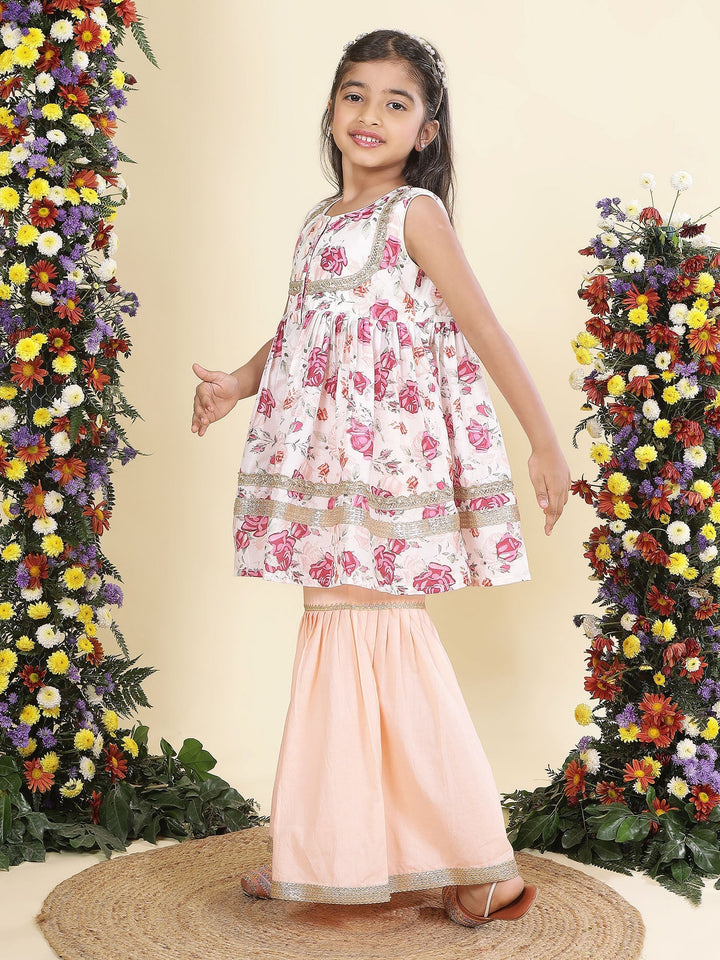 Peach Rose Muslin Kurta with Cotton Sharara | SHOBITAM