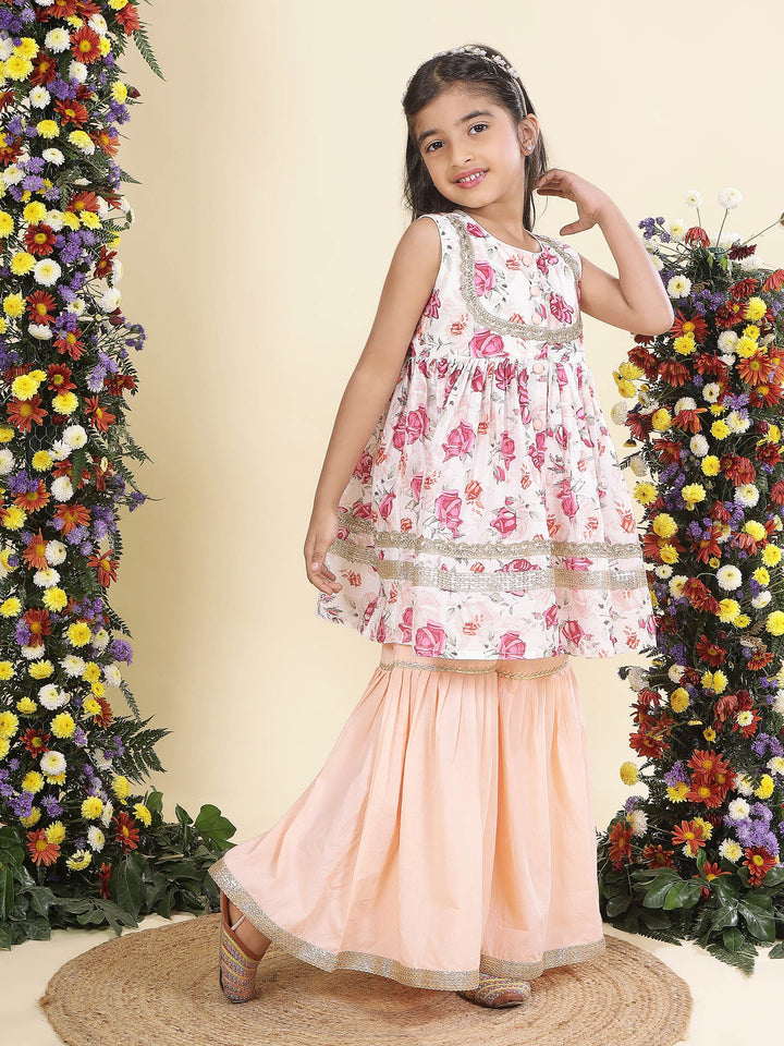 Peach Rose Muslin Kurta with Cotton Sharara | SHOBITAM