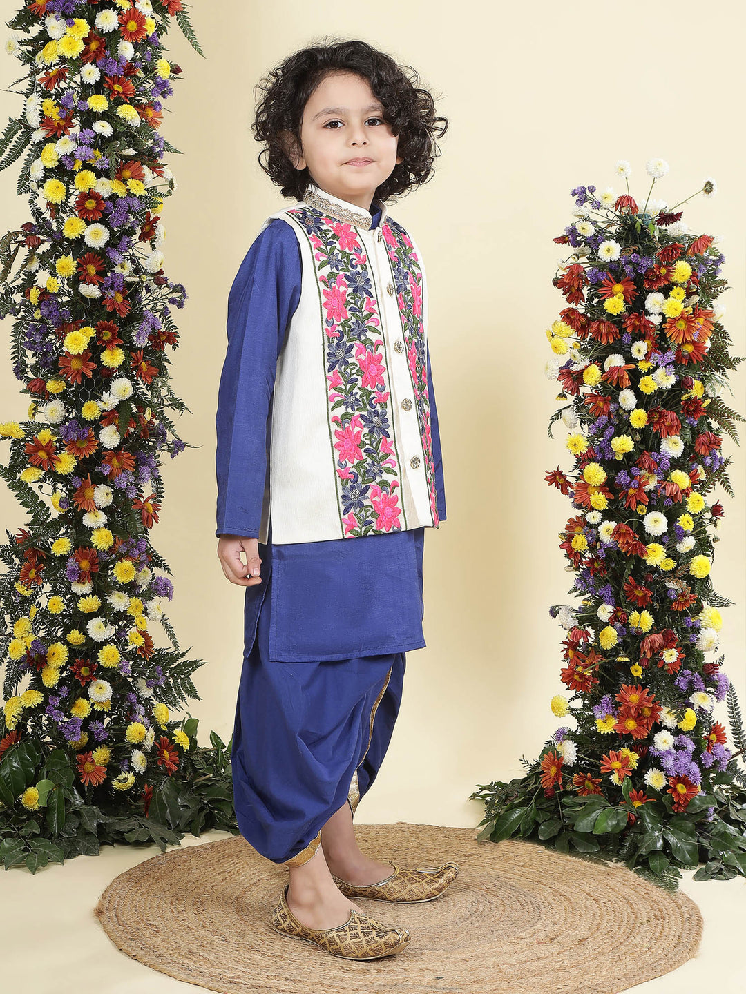 Floral Embroidery Mulberry Nehru Jacket with Blue Cotton Kurta Dhoti Set | SHOBITAM