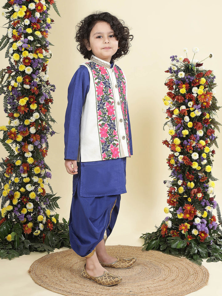 Floral Embroidery Mulberry Nehru Jacket with Blue Cotton Kurta Dhoti Set | SHOBITAM